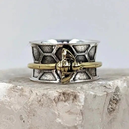 925 Oxidized Silver Ring with Golden Bee Spinning Band-NEVANNA