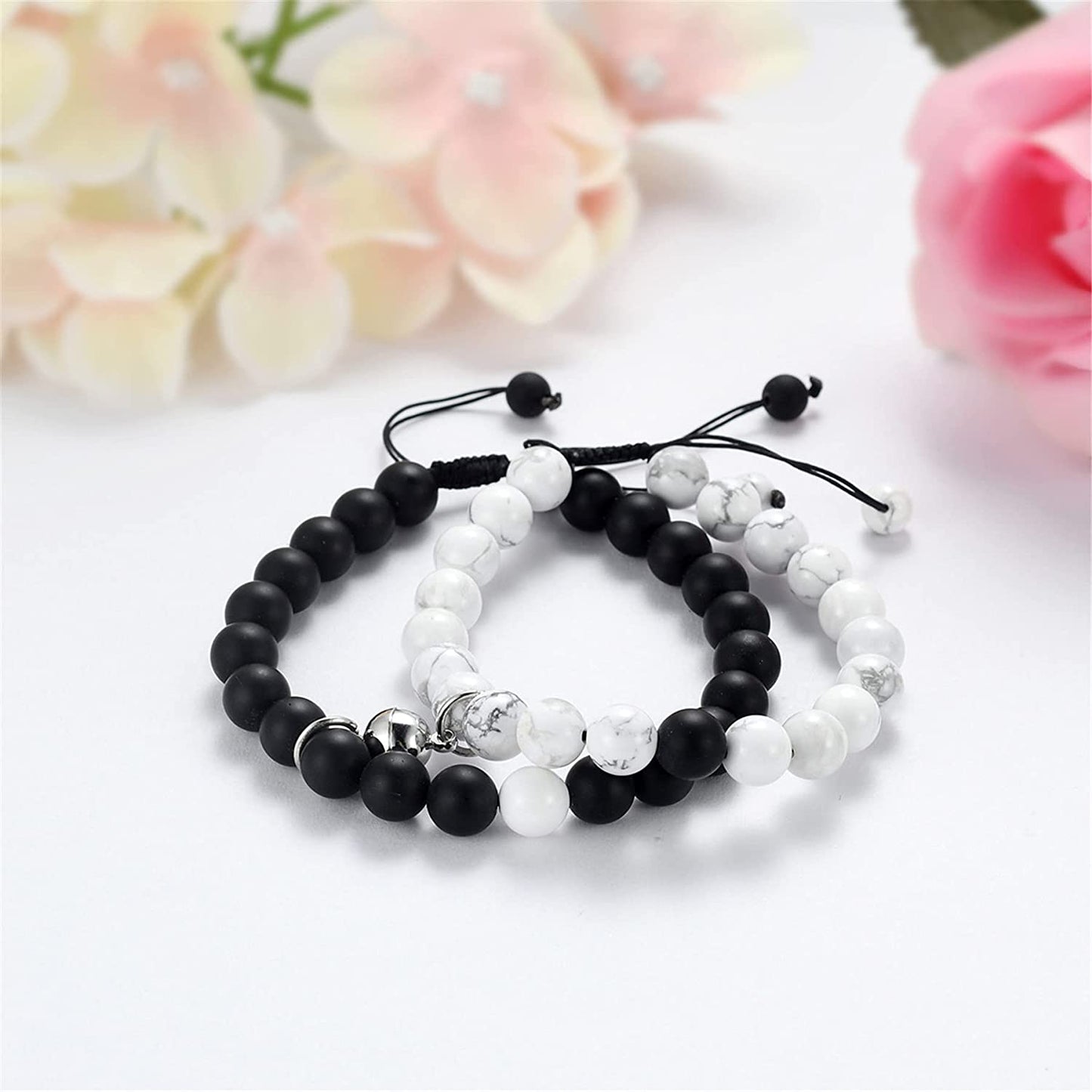 Howlite and Matte Black Agate Magnetic Couple Bracelets with black rope-Bracelets-NEVANNA