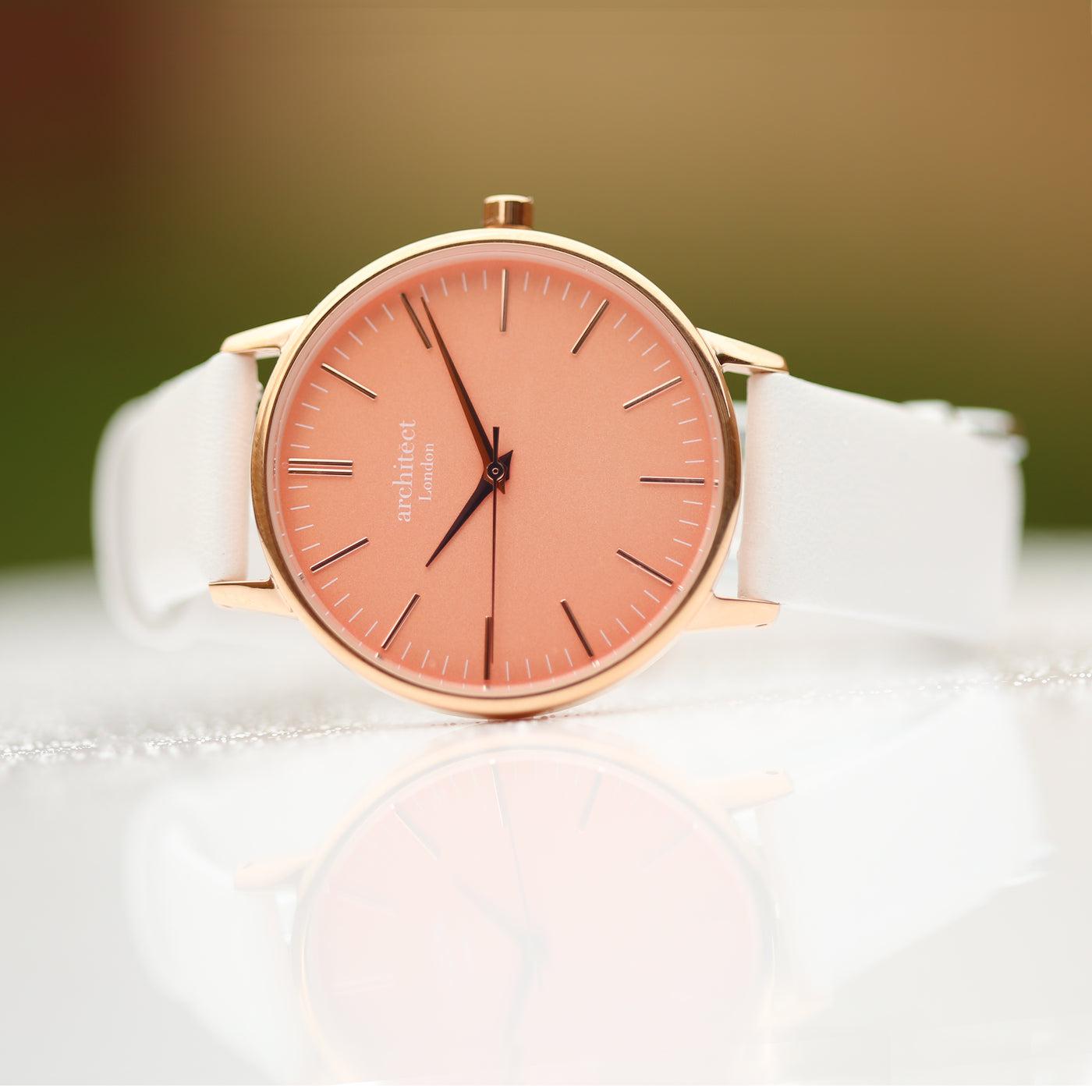 Architēct Coral - Personalised Ladies Watch - White Strap-NEVANNA