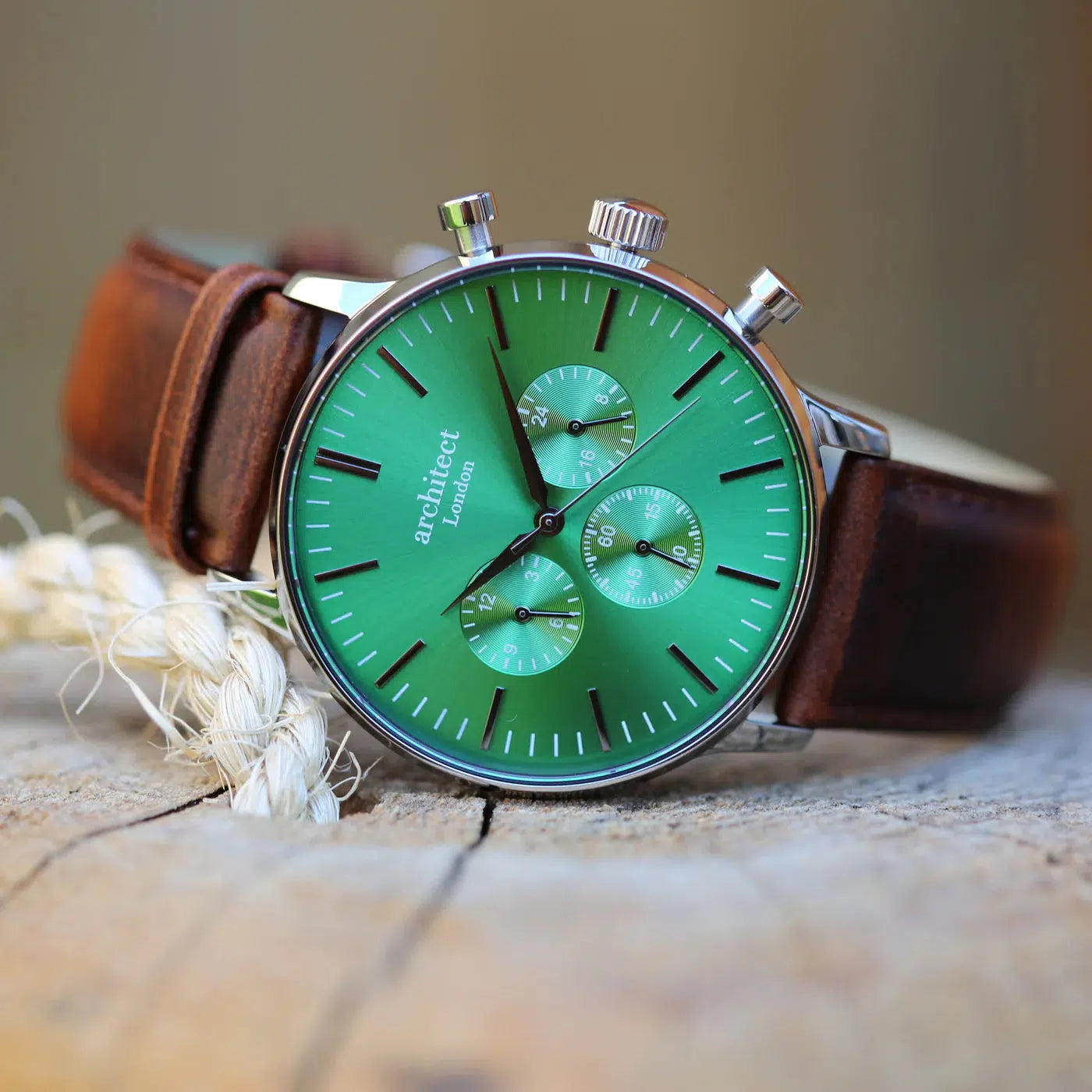 Architect Motivator - Men's Personalised Watch Envy Green With Walnut Brown Strap-NEVANNA