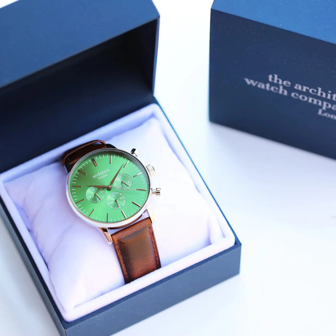 Architect Motivator - Men's Personalised Watch Envy Green With Walnut Brown Strap-NEVANNA