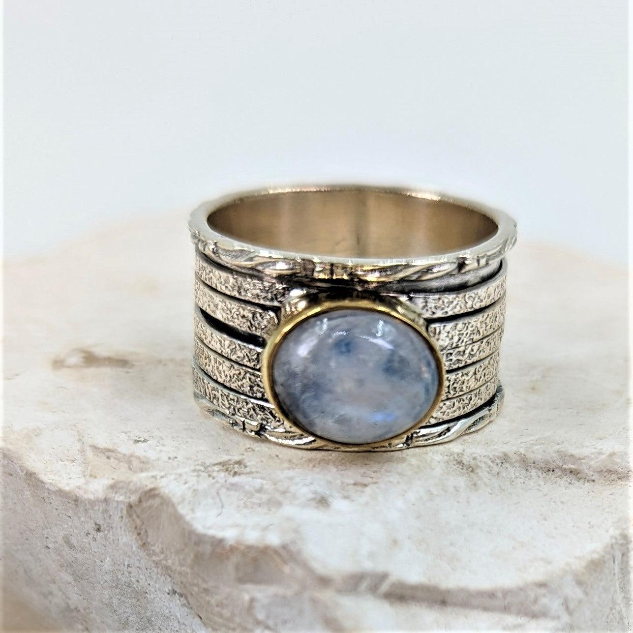 Frida - Moonstone 925 Silver Spinner Ring With Brass Setting-Rings-NEVANNA