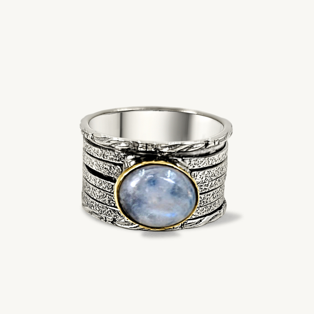 Frida - Moonstone 925 Silver Spinning Ring With Brass Setting-Rings-NEVANNA