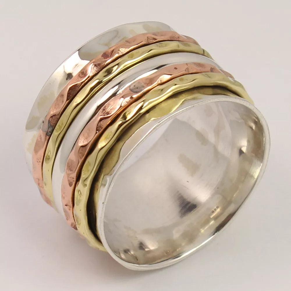 Three Tone Hammered Spinner Ring-Rings-NEVANNA