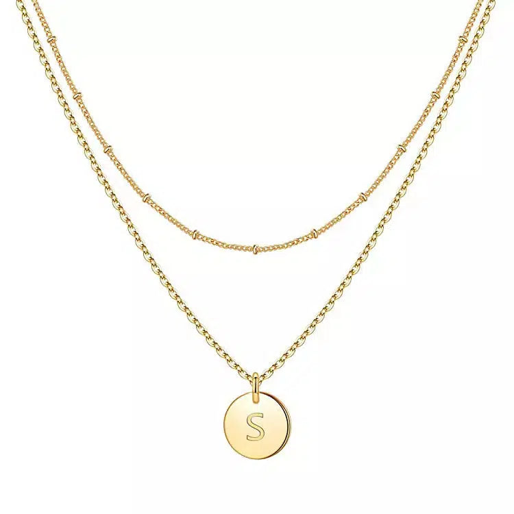 Double Chain Initial Coin Necklace-Necklaces-NEVANNA