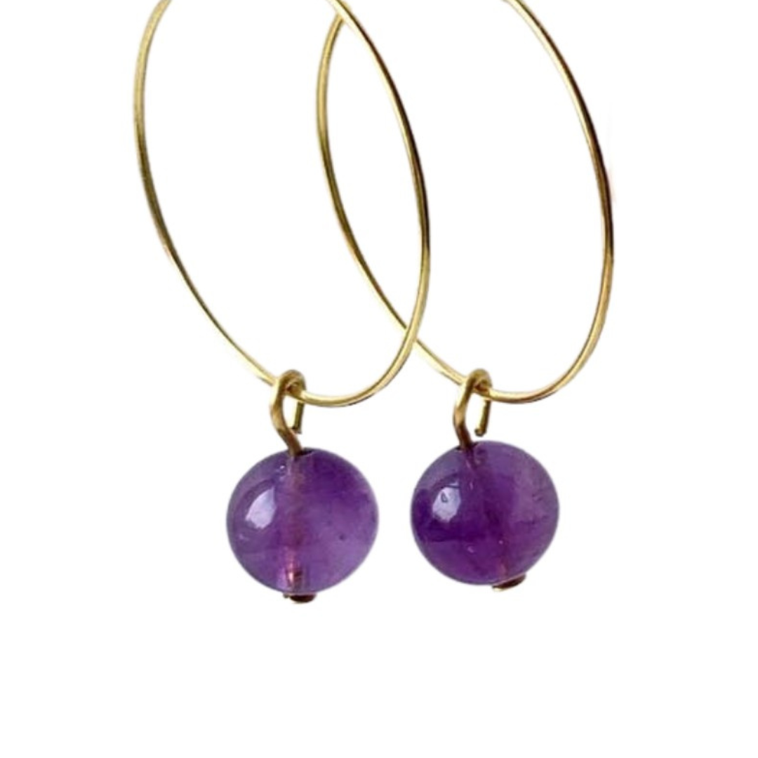 Gemstone Beads Hoop Earrings - Amethyst-Earrings-NEVANNA