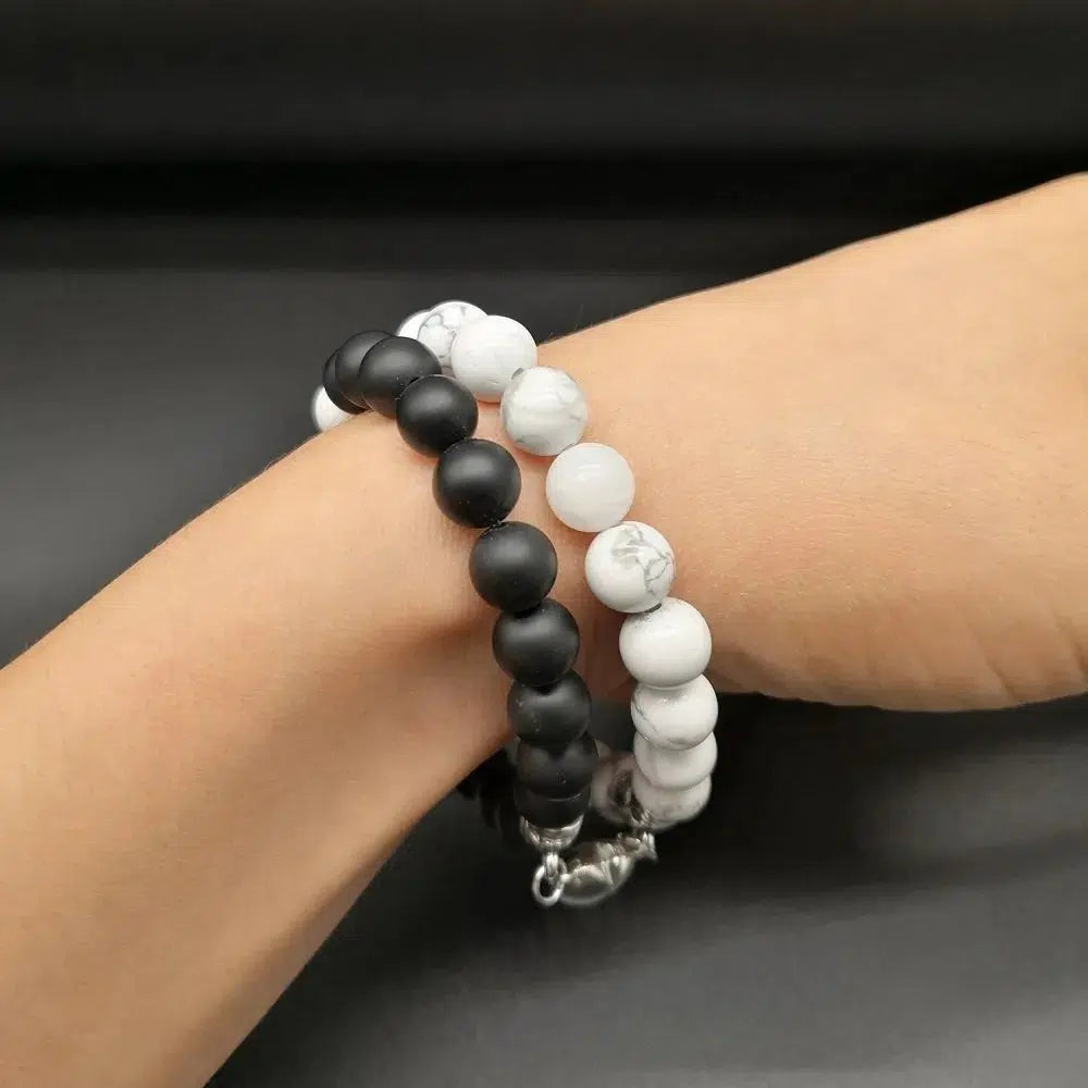 Howlite and Matte Black Agate Magnetic Couple Bracelets-Bracelets-NEVANNA