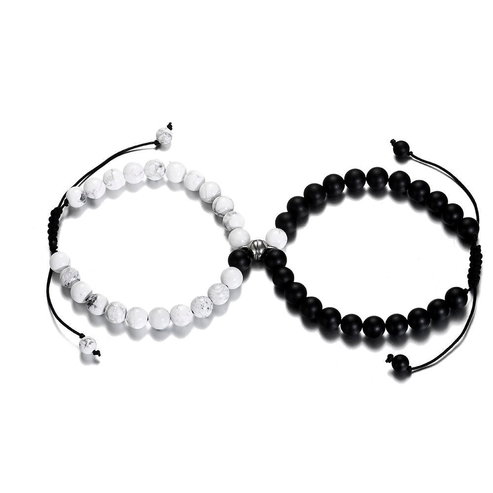 Howlite and Matte Black Agate Magnetic Couple Bracelets with black rope-Bracelets-NEVANNA