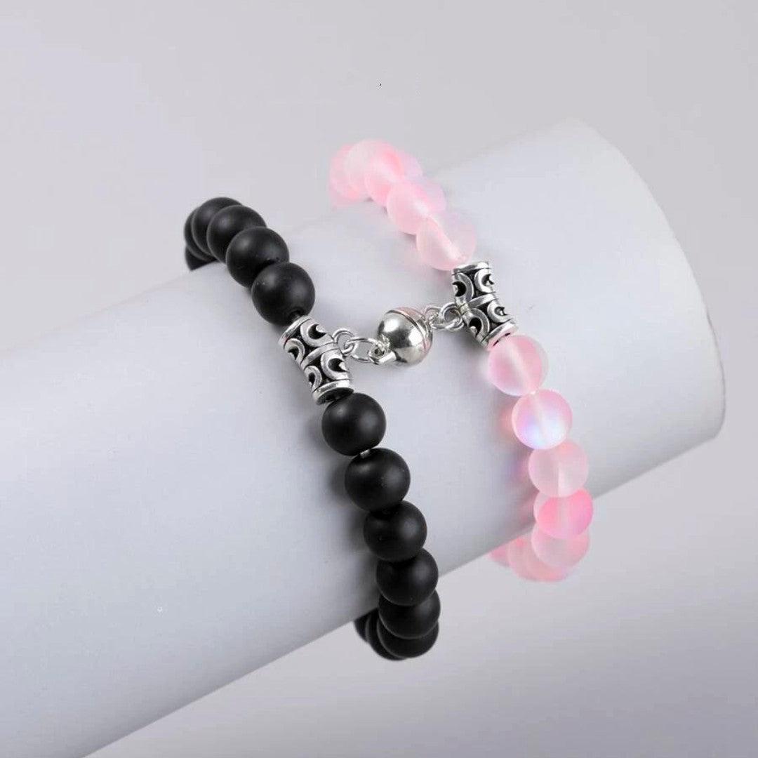 Rose Quartz and Matte Black Agate Magnetic Couple Bracelets-Bracelets-NEVANNA