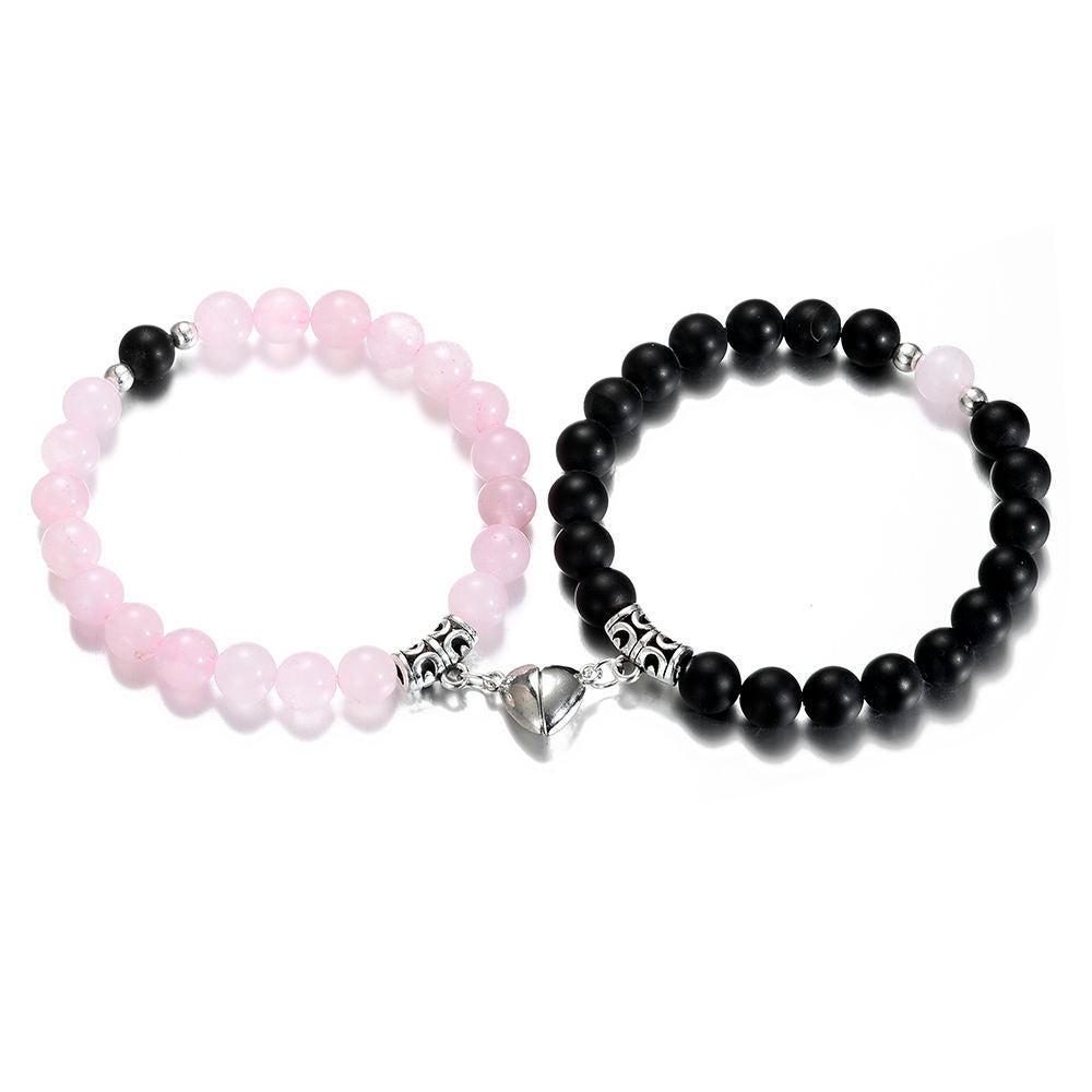 Rose Quartz and Matte Black Agate Magnetic Couple Bracelets-Bracelets-NEVANNA