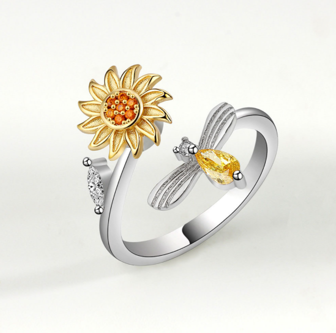Rotating Sunflower Rhinestone Ring-Rings-NEVANNA
