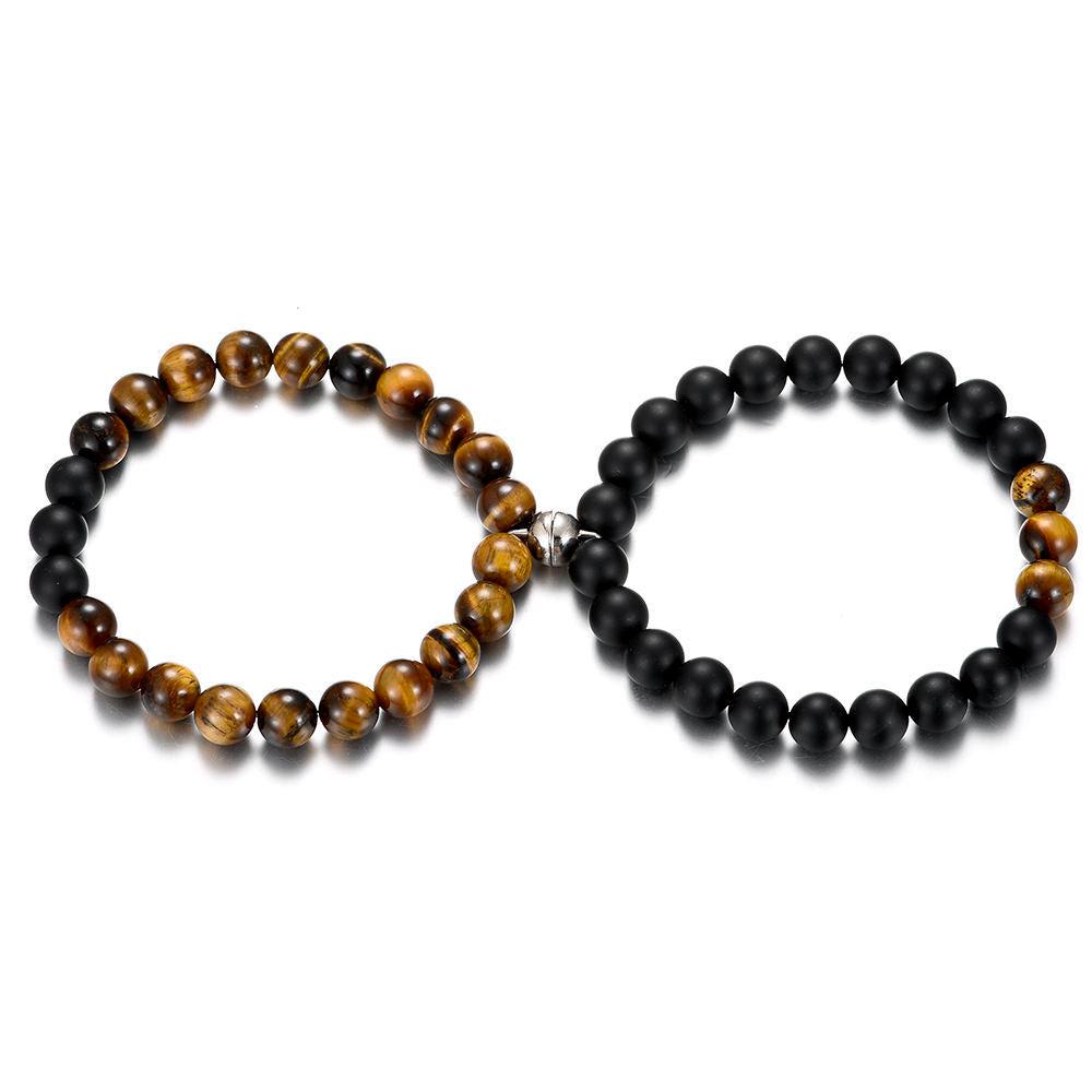 Tiger Eye and Matte Black Agate Magnetic Couple Bracelets-Bracelets-NEVANNA